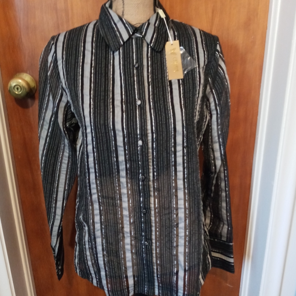NWT Cathaya Sheer Black Grey and Silver Striped Collared Button Up Shirt